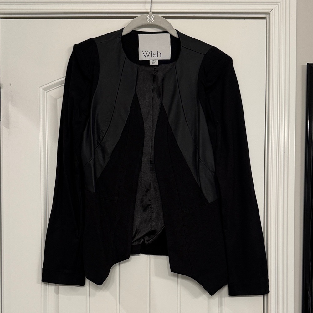 Wish Women's Elegant Black Blazer with Faux Leather Trim, Size Small